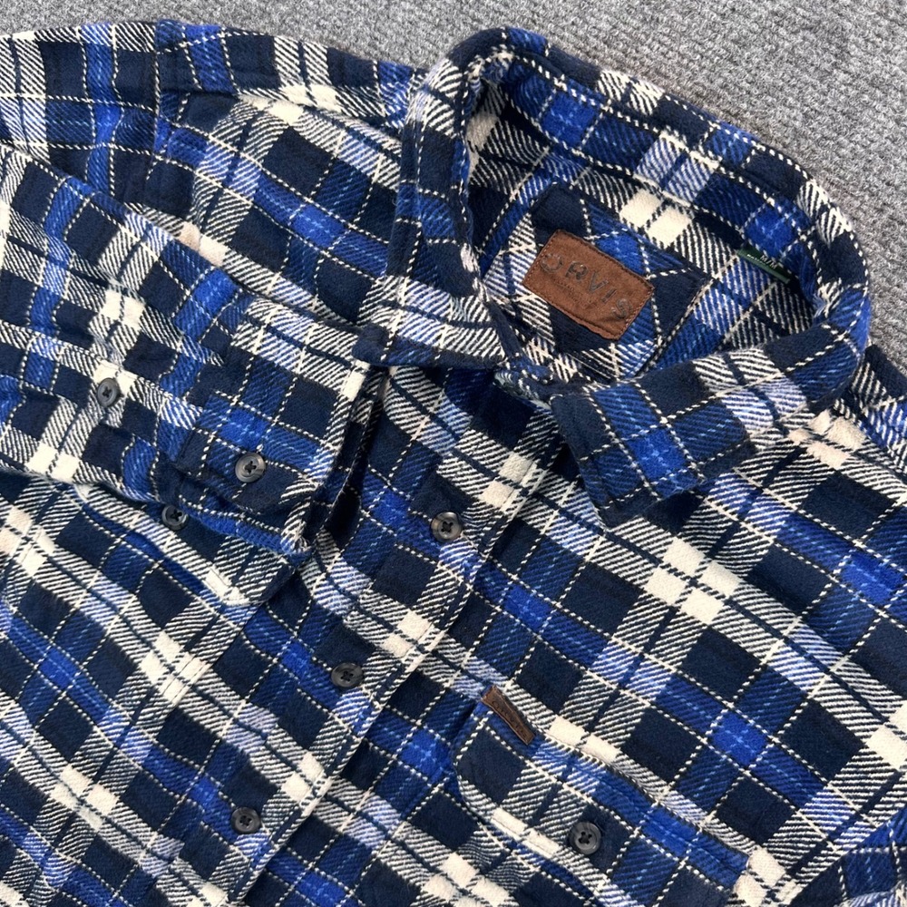 Orvis Big Bear Flannel Shacket Heavy Shirt Men's M Blue White Plaid Pockets